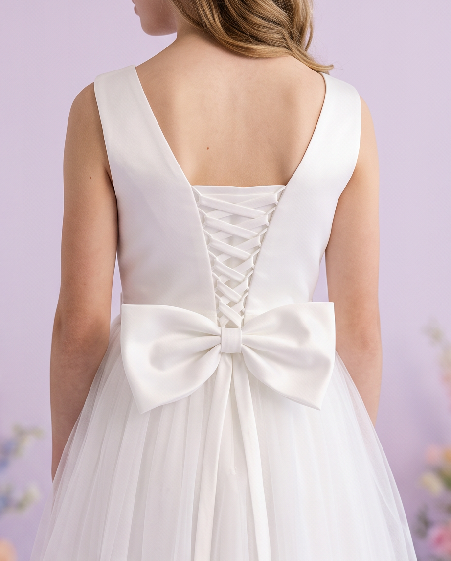 Rear view of a white sleeveless dress with a lace-up back and a large bow at the waist, shown on a model against a soft lavender background.