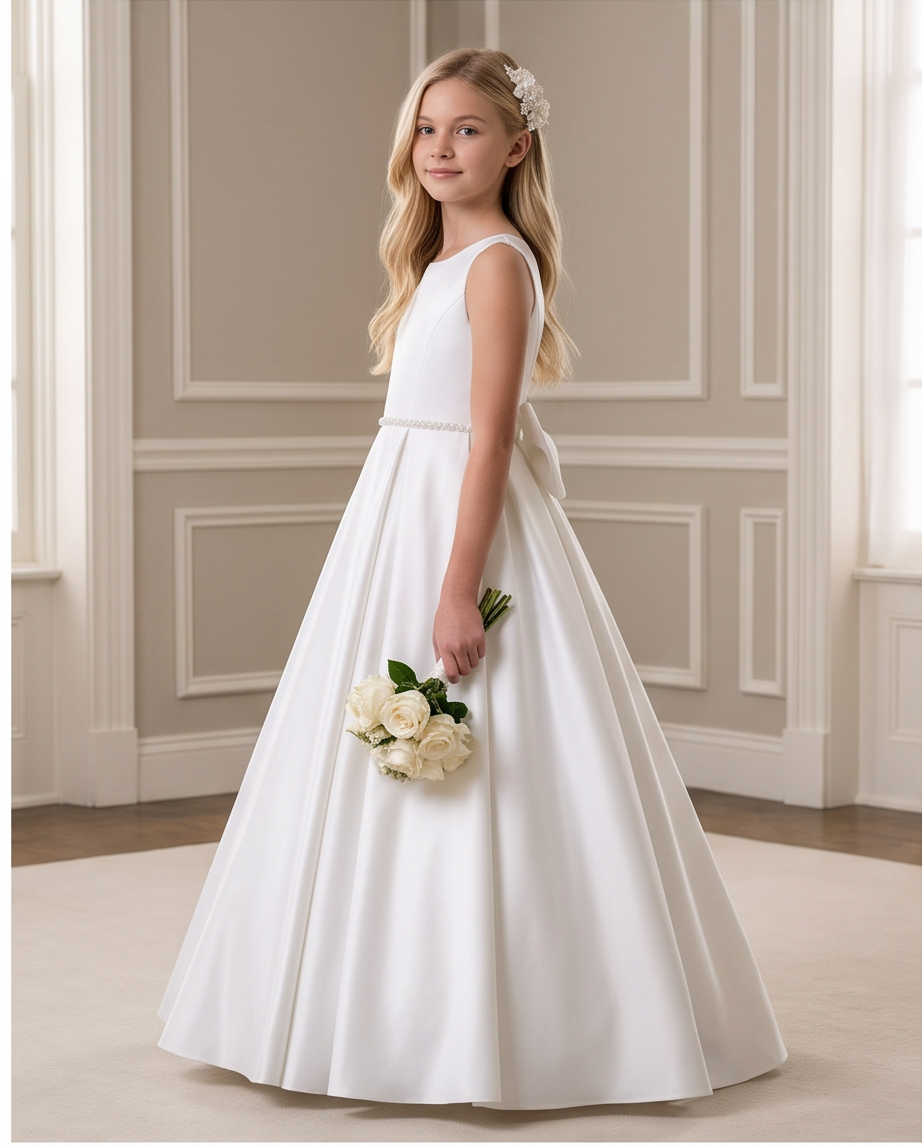 A young blonde girl stands in profile wearing a sleeveless white first communion dress with a fitted bodice, a small waist detail, and a full flared skirt. She holds a bouquet of white roses in a bright, elegant room with beige walls and white trim.