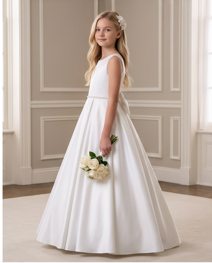 A young blonde girl stands in profile wearing a sleeveless white first communion dress with a fitted bodice, a small waist detail, and a full flared skirt. She holds a bouquet of white roses in a bright, elegant room with beige walls and white trim.