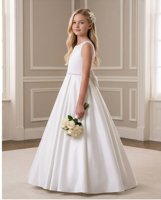 A young blonde girl stands in profile wearing a sleeveless white first communion dress with a fitted bodice, a small waist detail, and a full flared skirt. She holds a bouquet of white roses in a bright, elegant room with beige walls and white trim.