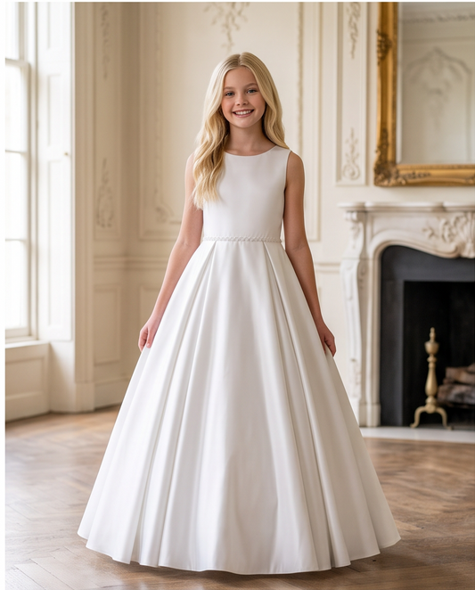 A young blonde girl wearing a sleeveless white A-line wedding dress stands in a grand, elegant room with a fireplace and wood floors.