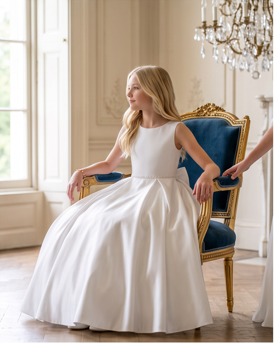 A young girl in a sleeveless white first communion dress sits on an ornate blue and gold armchair in a bright, elegant room with a chandelier.