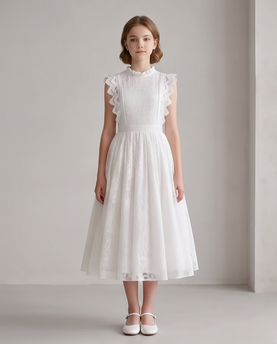 A girl stands on a sunlit garden path wearing a white lace midi dress with ruffled cap sleeves, a high neckline, and a full skirt. 