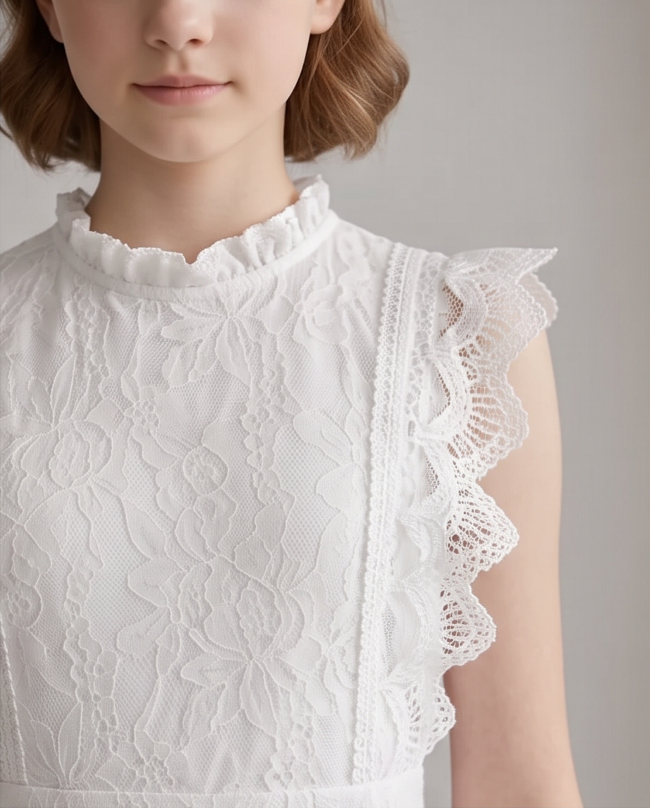 A girl stands on a sunlit garden path wearing a white lace midi dress with ruffled cap sleeves, a high neckline, and a full skirt. 