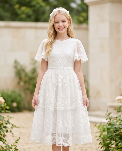 Girl wearing a vintage white lace Communion dress