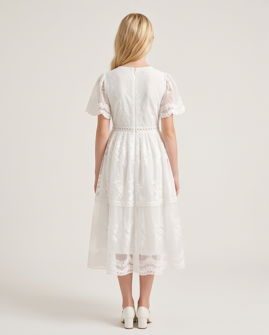 A girl viewed from the back wearing a white midi dress with short flutter sleeves, lace trim, and a tiered skirt, photographed against a plain light beige studio background.