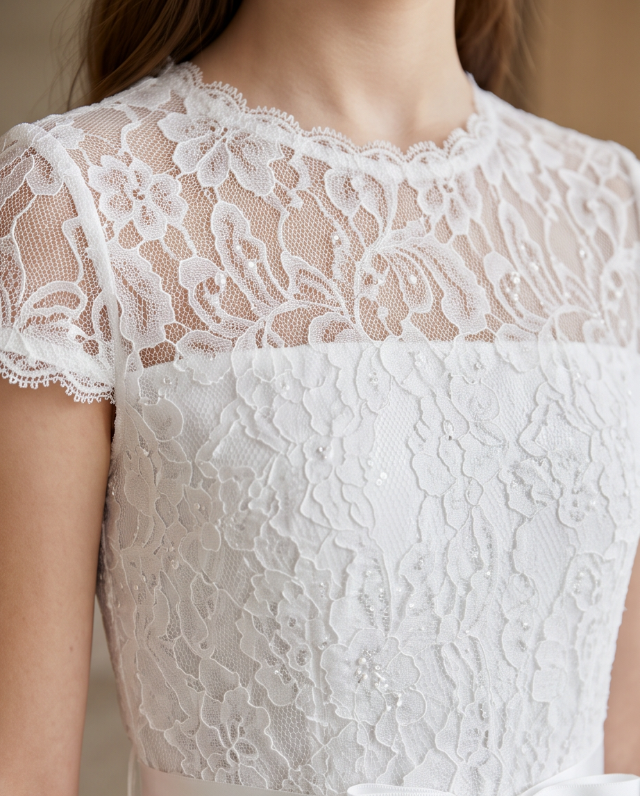 Close-up of a white lace top with floral lace detailing, short cap sleeves, and a scalloped neckline, shown on a model.