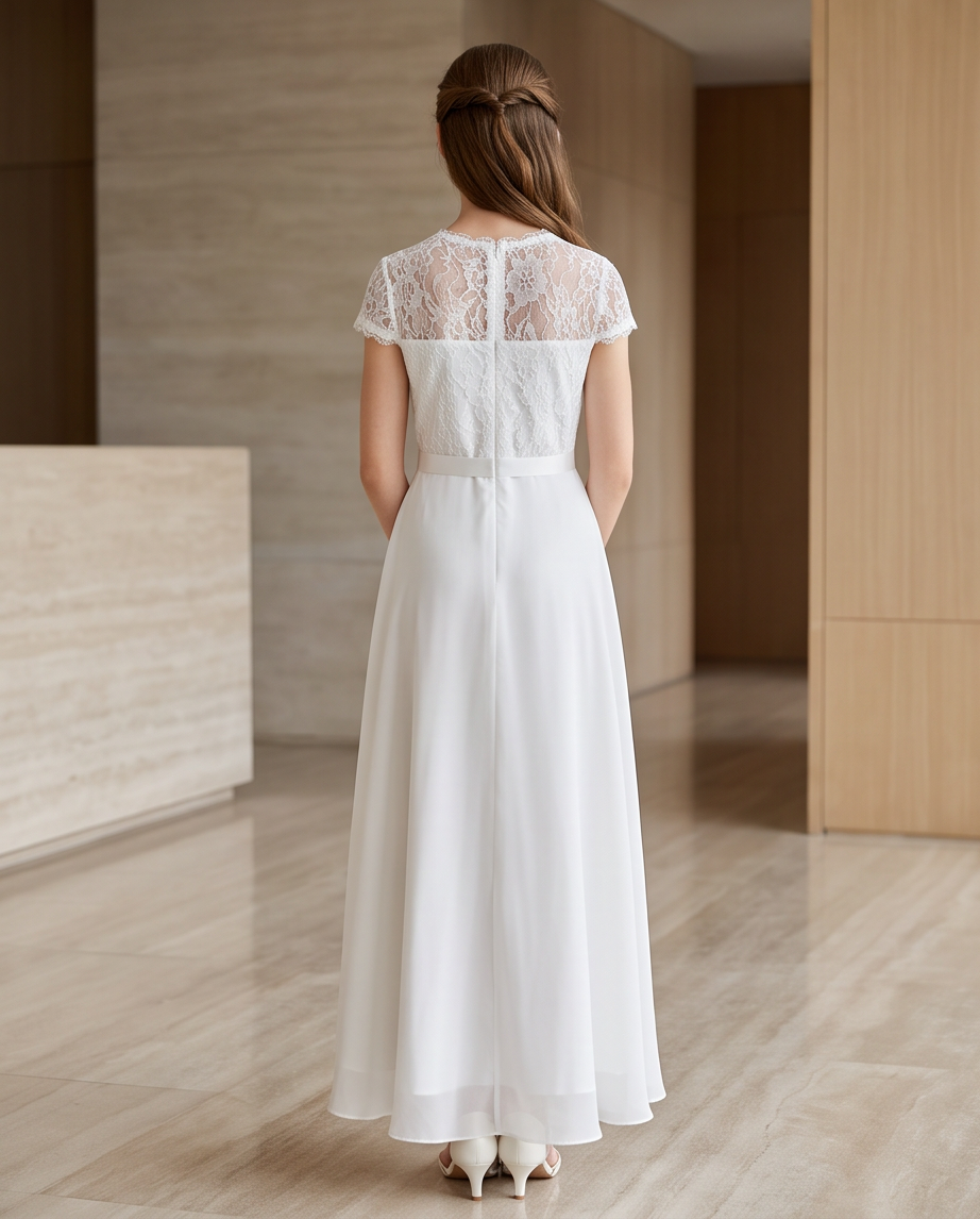 A woman viewed from behind wearing a white floor-length dress with lace cap sleeves and a lace back panel, standing in a modern indoor hallway with light wood walls and tiled floors.