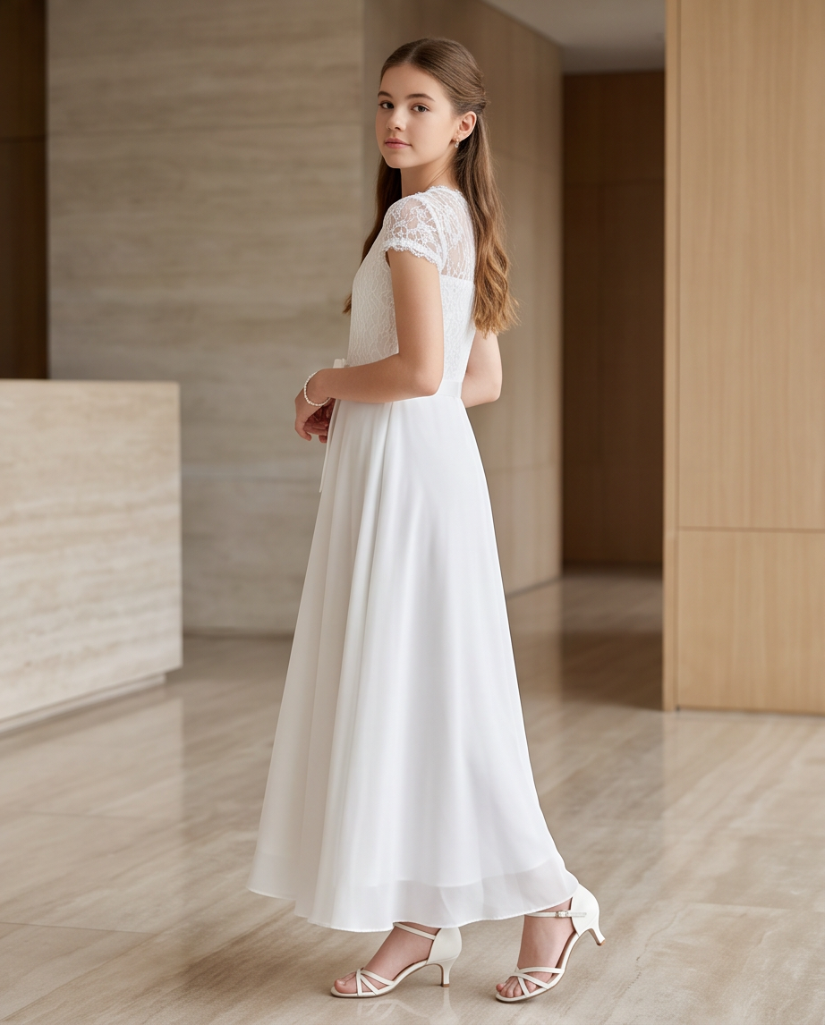 A young girl wearing a white maxi dress with lace cap sleeves and a flowing chiffon skirt, standing in a modern indoor lobby with light wood floors and walls.