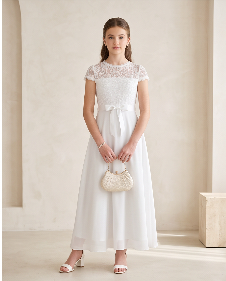 A young girl stands in a minimalist cream-colored room wearing a white lace and satin maxi dress, holding a small woven cream handbag.