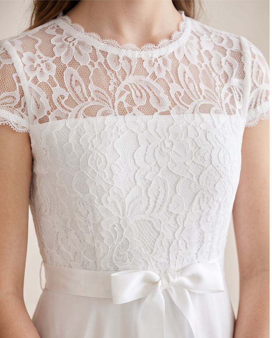 White lace short-sleeve top with a sheer floral lace bodice, scalloped neckline, and a matching satin waistband with a bow, shown on a model.
