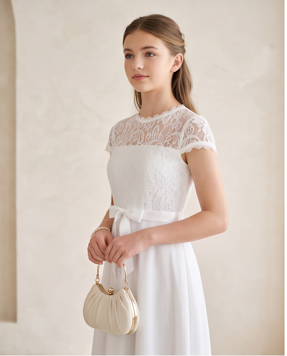 A young girl wearing a white lace and chiffon dress with a matching white sash, holding a small cream pleated handbag with gold hardware, set against a warm beige textured wall.