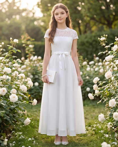 A young girl stands in a sunlit garden wearing a white lace and satin maxi dress with a waist bow, holding a small white clutch, surrounded by white roses.