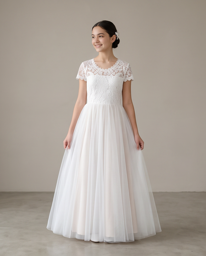 Elegant Lace & Tulle First Communion Dress with Satin Bow | Girls Floor Length Gown