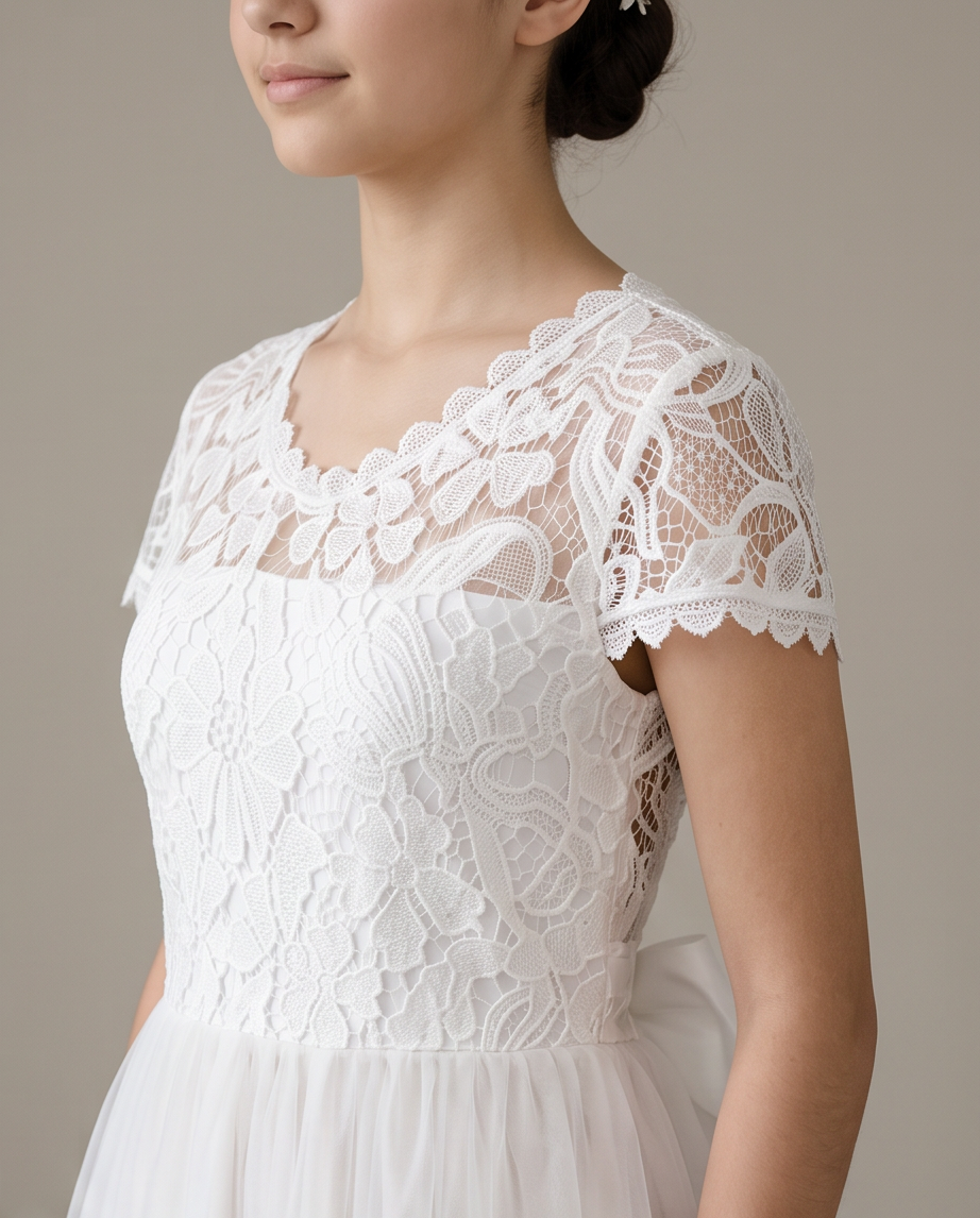 A close-up of a woman wearing a white lace dress with short sleeves, a V-neckline, and a sheer floral lace bodice over a white tulle skirt, photographed against a plain warm gray background.