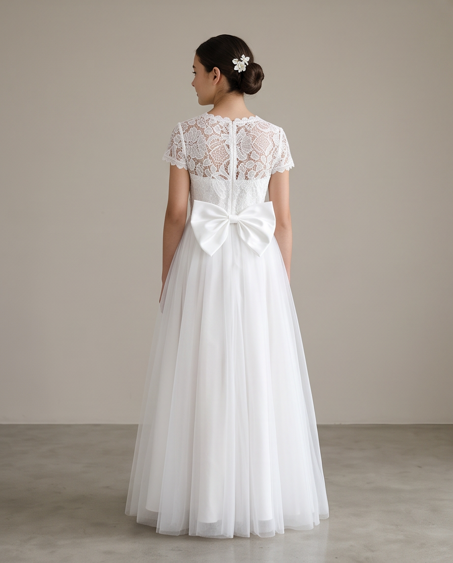 A woman viewed from the back wearing a white lace and tulle dress with a large bow at the back waist, standing against a plain beige studio wall.