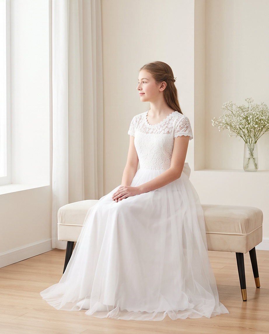 A young girl with light brown hair sits on a cream-colored velvet bench, wearing a white lace and tulle formal gown. The setting is a bright, modern room with light wood floors, white curtains, and a vase of baby's breath in the background.