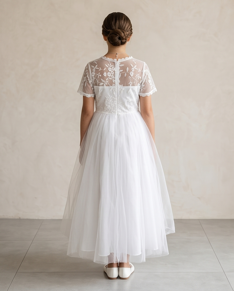 A young girl viewed from behind wearing a white tulle dress with a sheer embroidered lace back and short sleeves, standing against a neutral beige wall.