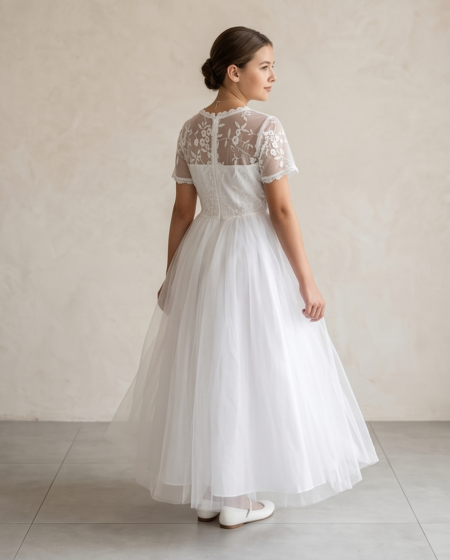 A girl stands on a sunlit garden path wearing a white lace midi dress with ruffled cap sleeves, a high neckline, and a full skirt. 