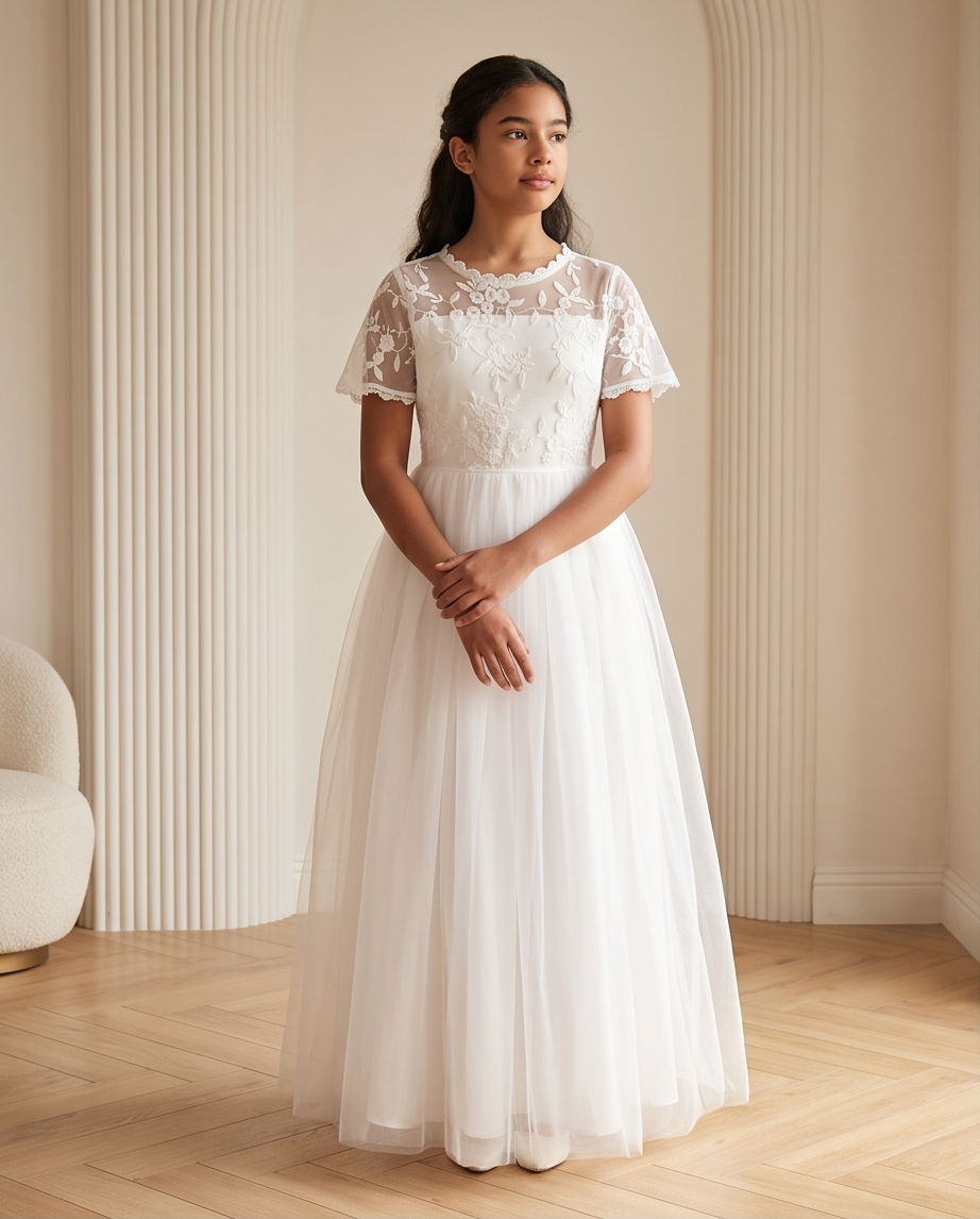A girl stands on a sunlit garden path wearing a white lace midi dress with ruffled cap sleeves, a high neckline, and a full skirt. 