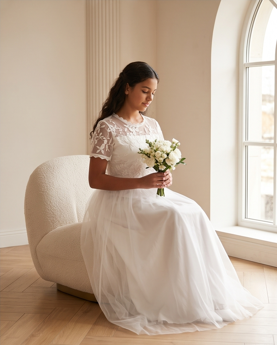 A girl sits on a sunlit garden path wearing a white lace midi dress with ruffled cap sleeves, a high neckline, and a full skirt. 