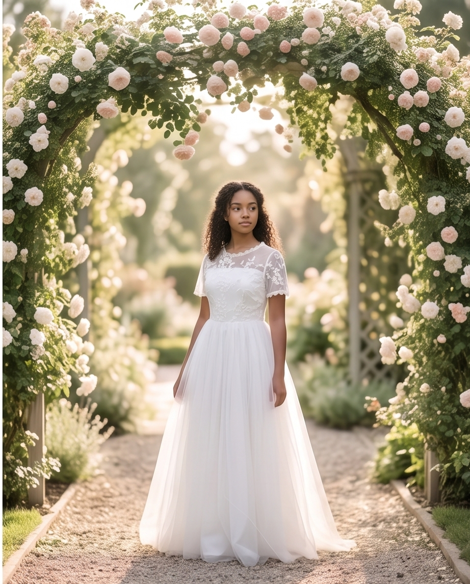 Girls White Flutter Sleeve Communion Dress | Elegant Lace Bodice & Chiffon Skirt
