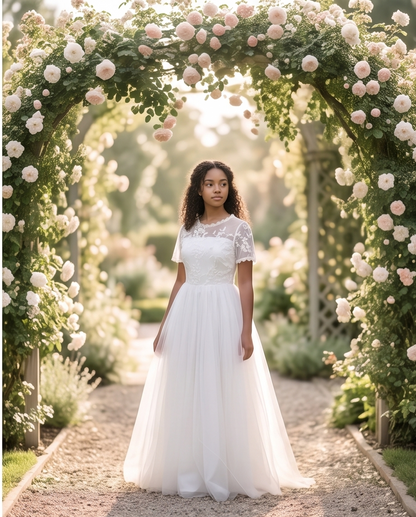 Girls White Flutter Sleeve Communion Dress | Elegant Lace Bodice & Chiffon Skirt