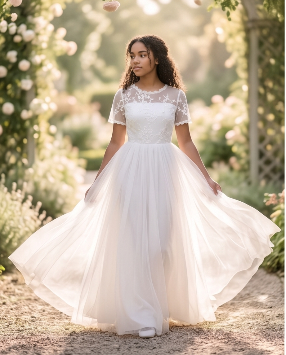 A girl stands on a sunlit garden path wearing a white lace midi dress with ruffled cap sleeves, a high neckline, and a full skirt. 