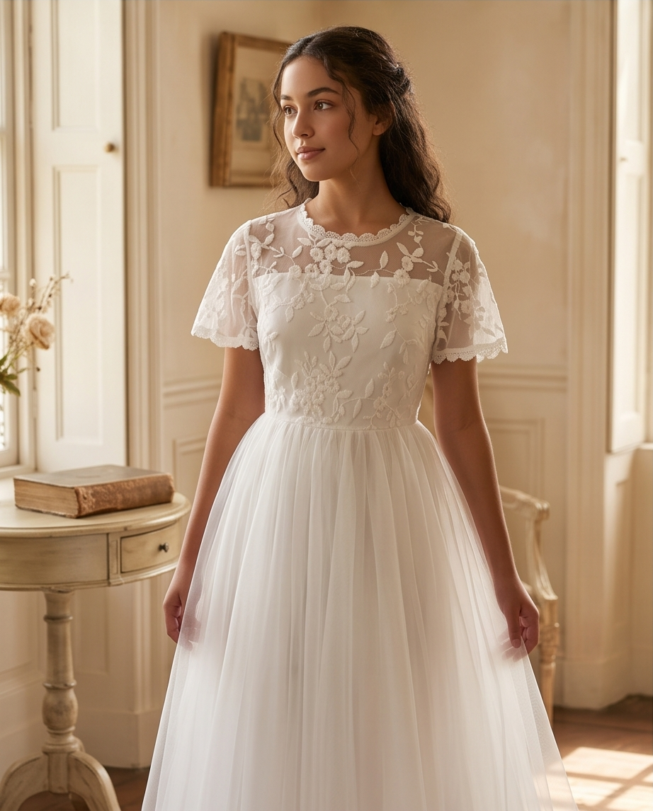 A girl stands on a sunlit garden path wearing a white lace midi dress with ruffled cap sleeves, a high neckline, and a full skirt. 