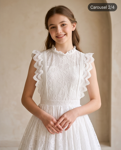 A girl stands on a sunlit garden path wearing a white lace midi dress with ruffled cap sleeves, a high neckline, and a full skirt. 