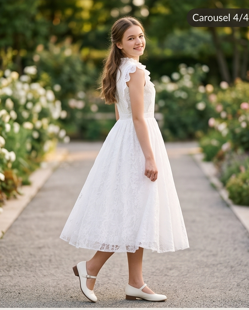 A girl stands on a sunlit garden path wearing a white lace midi dress with ruffled cap sleeves, a high neckline, and a full skirt. 