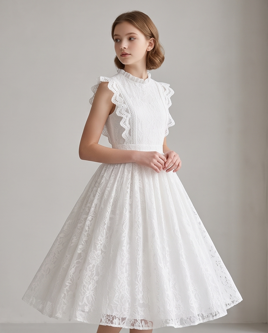 A girl stands on a sunlit garden path wearing a white lace midi dress with ruffled cap sleeves, a high neckline, and a full skirt. 