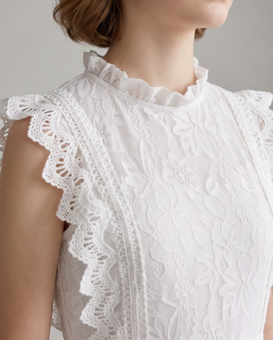 A girl stands on a sunlit garden path wearing a white lace midi dress with ruffled cap sleeves, a high neckline, and a full skirt. 