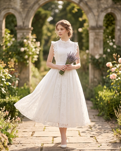 A girl stands on a sunlit garden path wearing a white lace midi dress with ruffled cap sleeves, a high neckline, and a full skirt. 