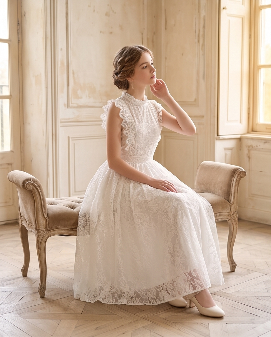 A girl stands on a sunlit garden path wearing a white lace midi dress with ruffled cap sleeves, a high neckline, and a full skirt. 