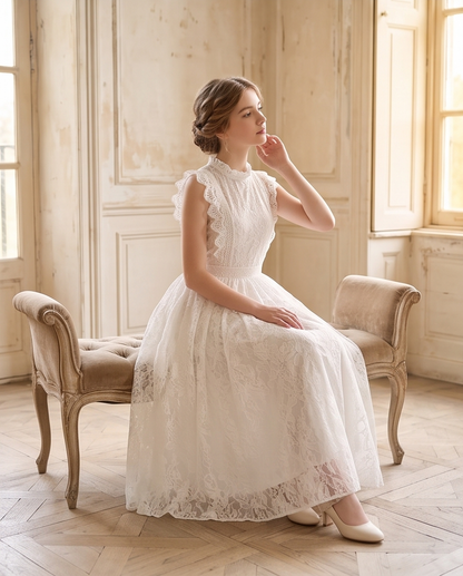 A girl stands on a sunlit garden path wearing a white lace midi dress with ruffled cap sleeves, a high neckline, and a full skirt. 