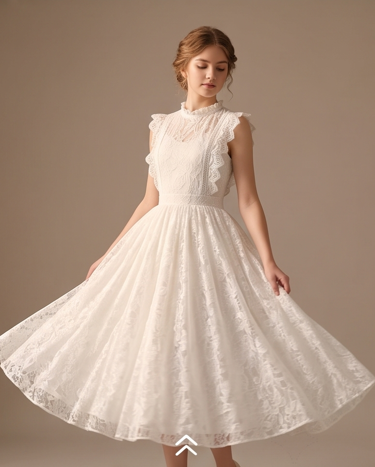 A woman wearing a sleeveless cream lace dress with a high ruffled collar and a full flared skirt, posed against a warm beige studio background. Text overlays at the bottom read 'Swipe Up to Shop' and 'Shop the Look'.