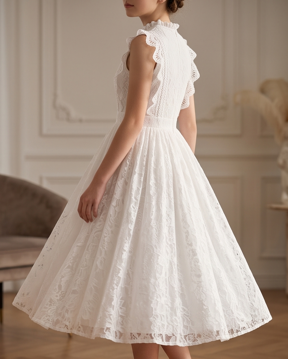 A girl stands on a sunlit garden path wearing a white lace midi dress with ruffled cap sleeves, a high neckline, and a full skirt. 