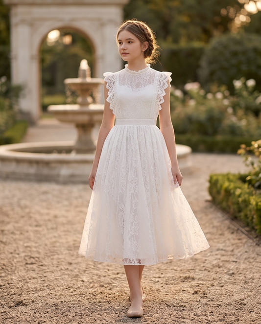A woman stands on a sunlit garden path wearing a white lace midi dress with ruffled cap sleeves, a high neckline, and a full skirt. A stone fountain and archway are softly blurred in the background.