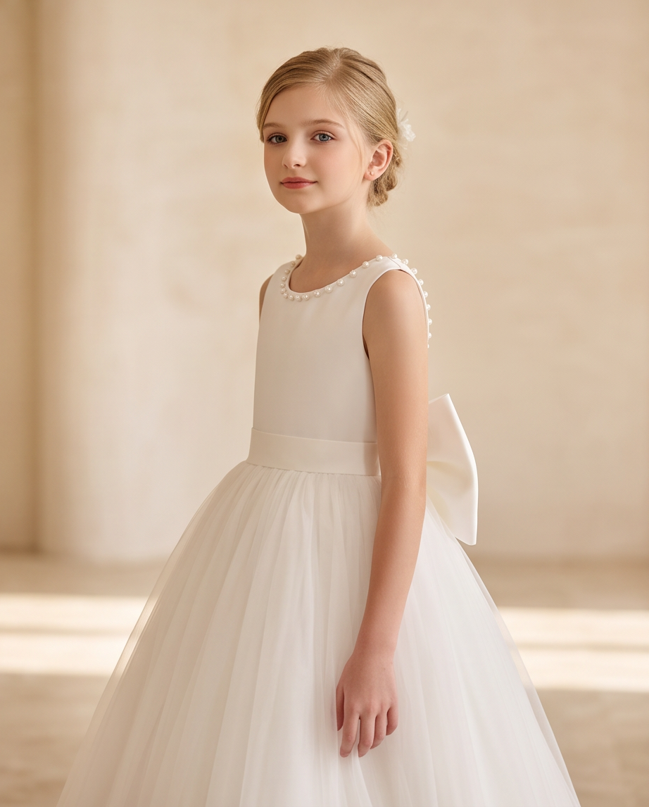 A young girl with blonde hair styled in a half-updo wears a sleeveless ivory first communion dress with a pearl-trimmed neckline, a matching waistband, and a large bow on the back, set against a warm beige background.