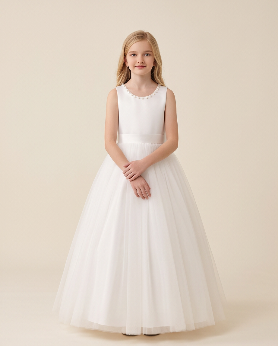 A young girl stands against a warm beige studio background wearing a sleeveless white formal dress with a scalloped neckline, a fitted waistband, and a full tulle skirt.
