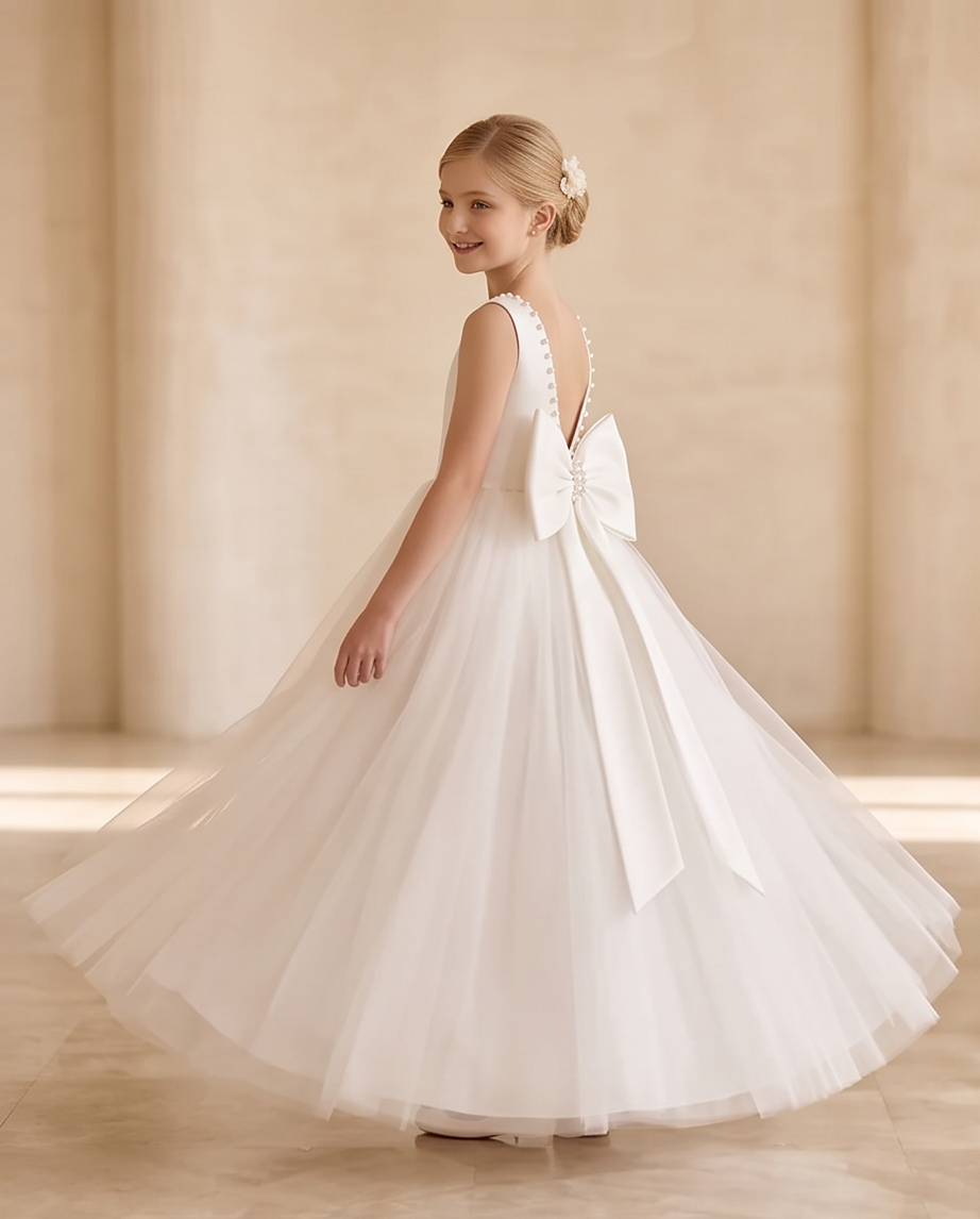 A young girl wearing a white sleeveless ball gown with a large bow on the back, photographed in a softly lit indoor setting with warm beige walls and columns.
