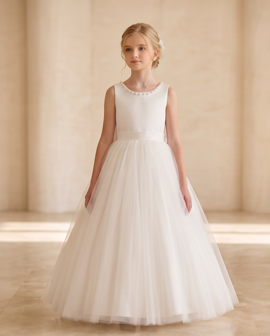 Girl wearing a pearl satin communion dress