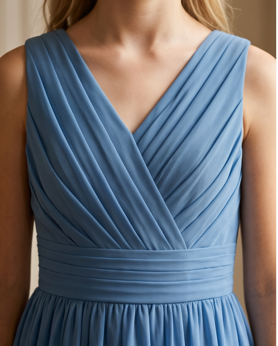 Close-up of a woman wearing a sleeveless dusty blue dress with a V-neckline, pleated bodice, and a defined waistband.