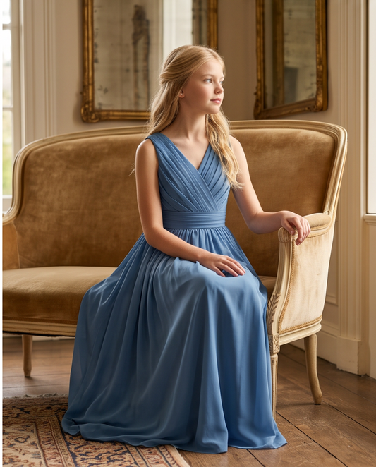 A young woman with blonde hair sits on a vintage tan velvet armchair in a classic room, wearing a sleeveless, pleated blue maxi dress.
