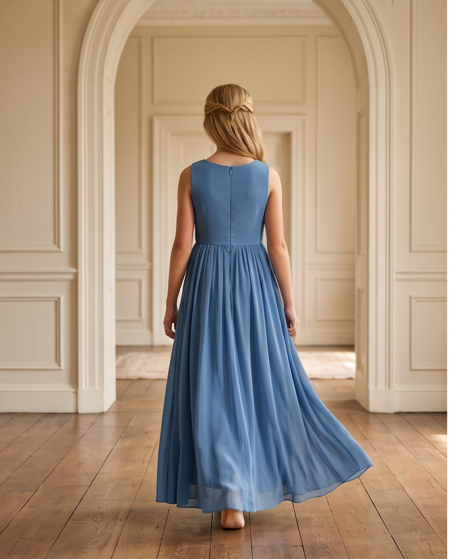A woman viewed from behind wearing a sleeveless, floor-length blue dress in a grand interior with wood floors and arched doorways.