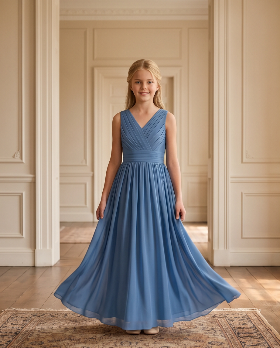 A young girl with blonde hair stands in a grand, elegant room wearing a sleeveless, V-neck blue maxi dress with a pleated bodice and a flowing skirt that spreads out on the floor.