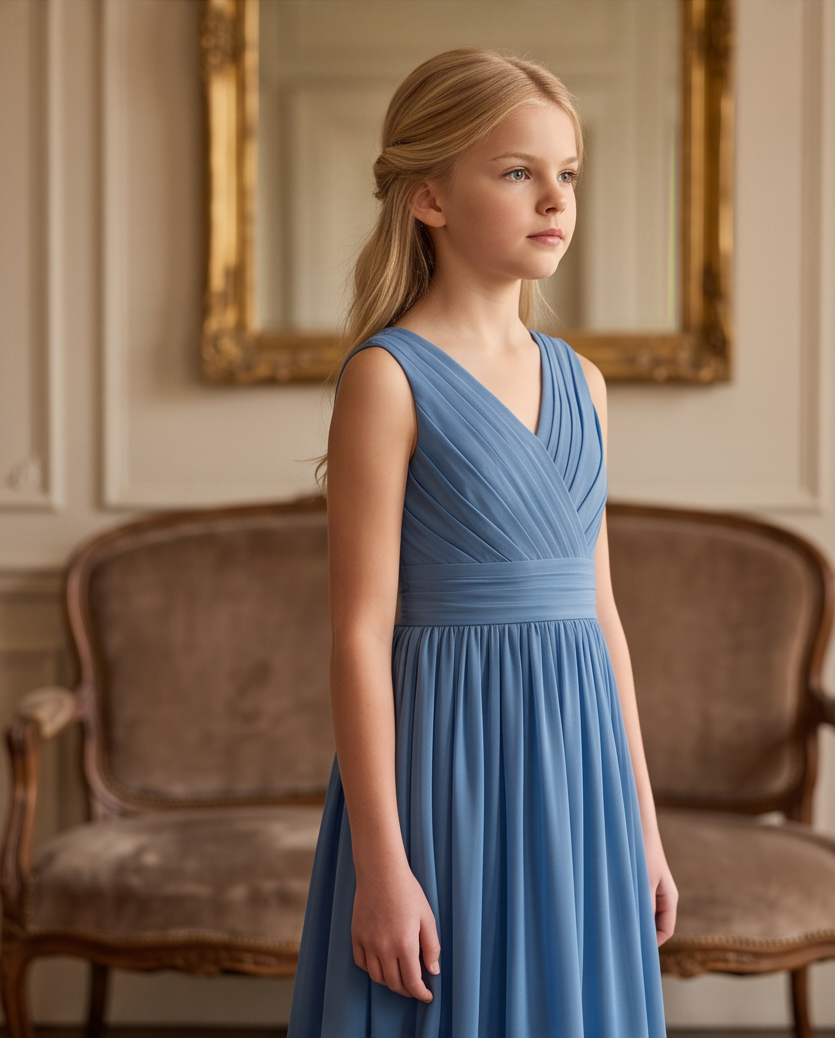 A young girl with blonde hair is wearing a sleeveless, V-neck blue dress with pleated detailing, standing in a classic indoor room with a mirror and an antique-style armchair.