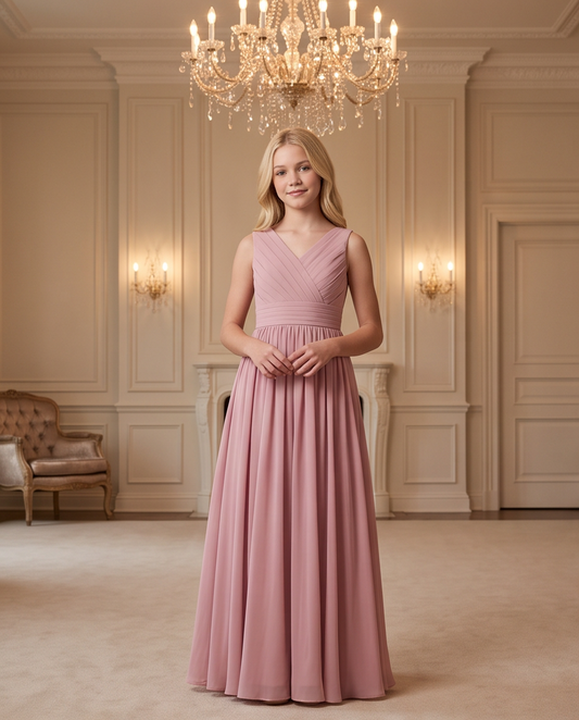 A young blonde woman stands in a grand, elegant room wearing a sleeveless dusty pink formal gown with a V-neckline and a full, flowing skirt. The room features classic cream-colored walls, decorative molding, a large crystal chandelier, and warm wall sconces.