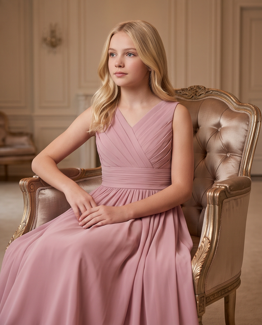 A young blonde woman wearing a sleeveless dusty pink pleated gown sits in an ornate gold and beige tufted armchair in a classic European-style room.